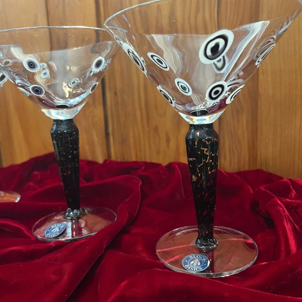 Murano Millefiori Hand Blown Martini Glasses Black White Murrine‎ Stem